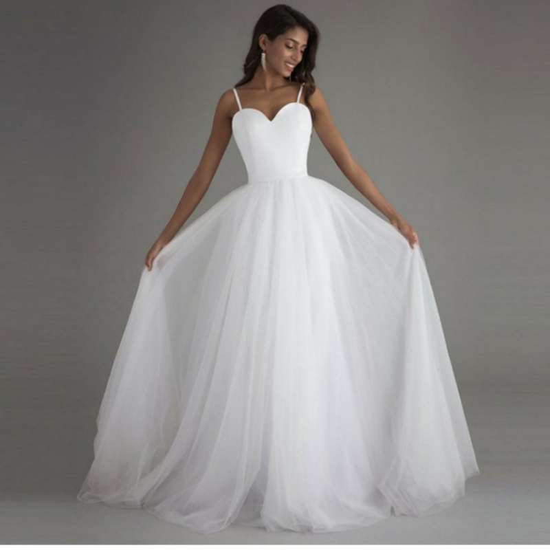 Spaghetti Strap White A Line Sweetheart Beach Wedding Dresses